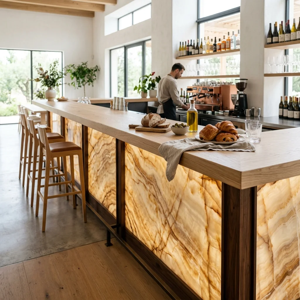 Barový pult s podsvíceným onyxem a dřevěnou deskou v restauraci
