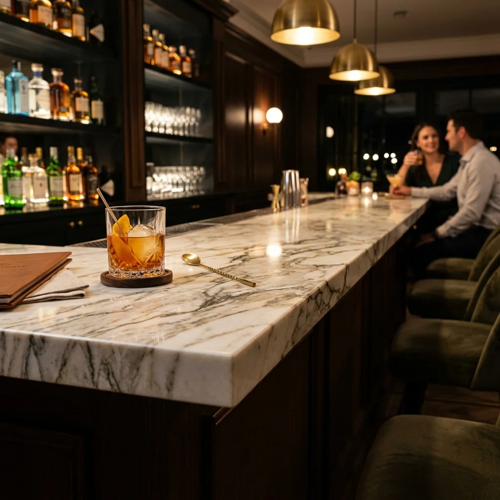 Večerní cocktail bar s pultem z bílého mramoru